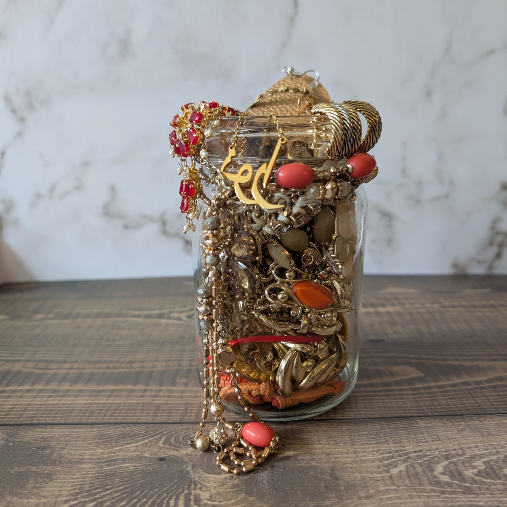 Assorted Jewelry Jar with Red and Gold Accents